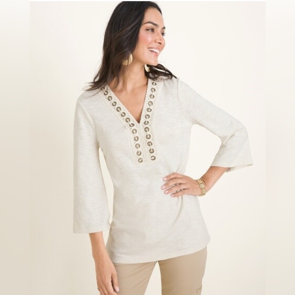 CHICO'S Size M Women V Neck Cream 3/4 Sleeve Heathered Grommet Knit Top